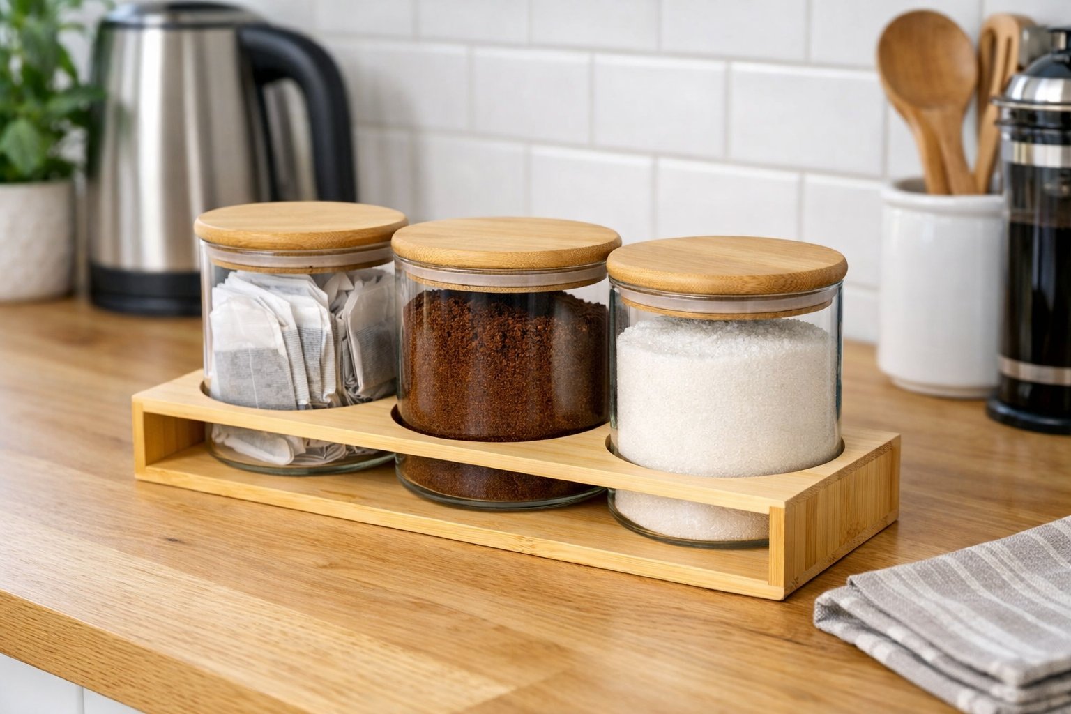 Set of 3 Glass Storage Jars with Bamboo Lids and Stand