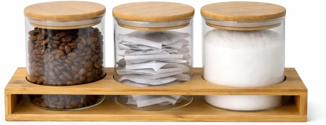 Set of 3 Glass Storage Jars with Bamboo Lids and Stand