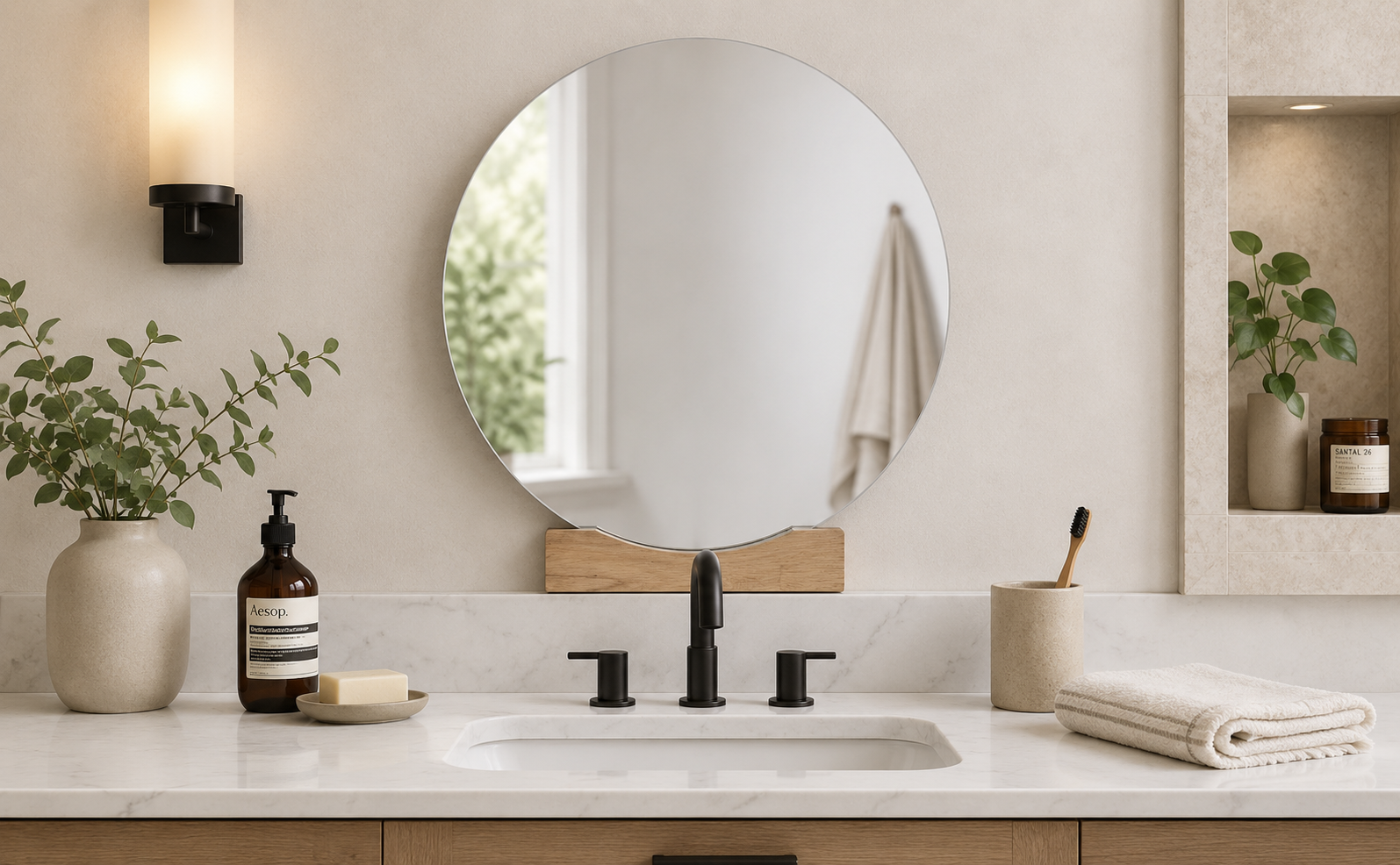 Round Mirror With Oak Wooden Stand