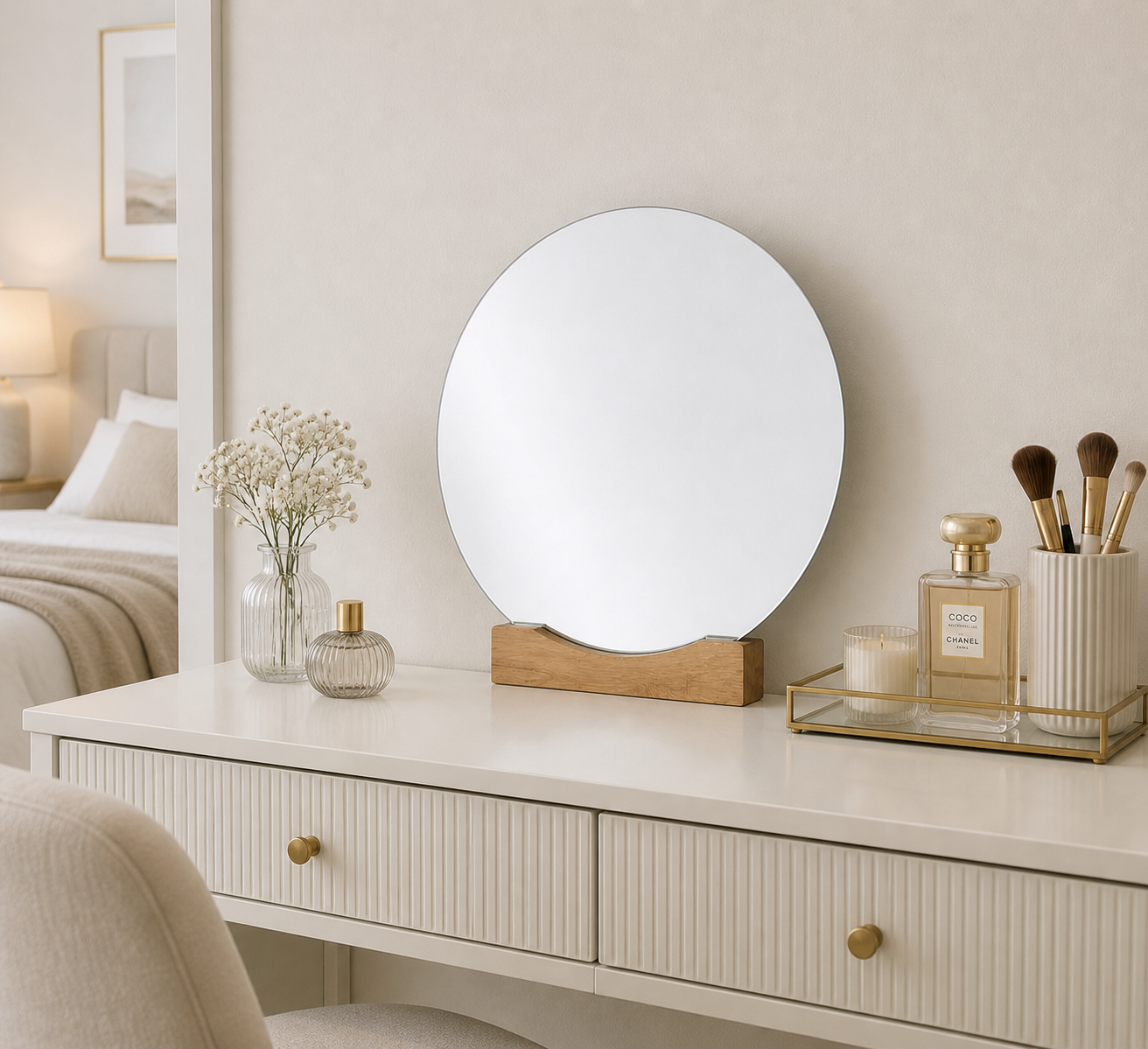 Round Mirror With Oak Wooden Stand