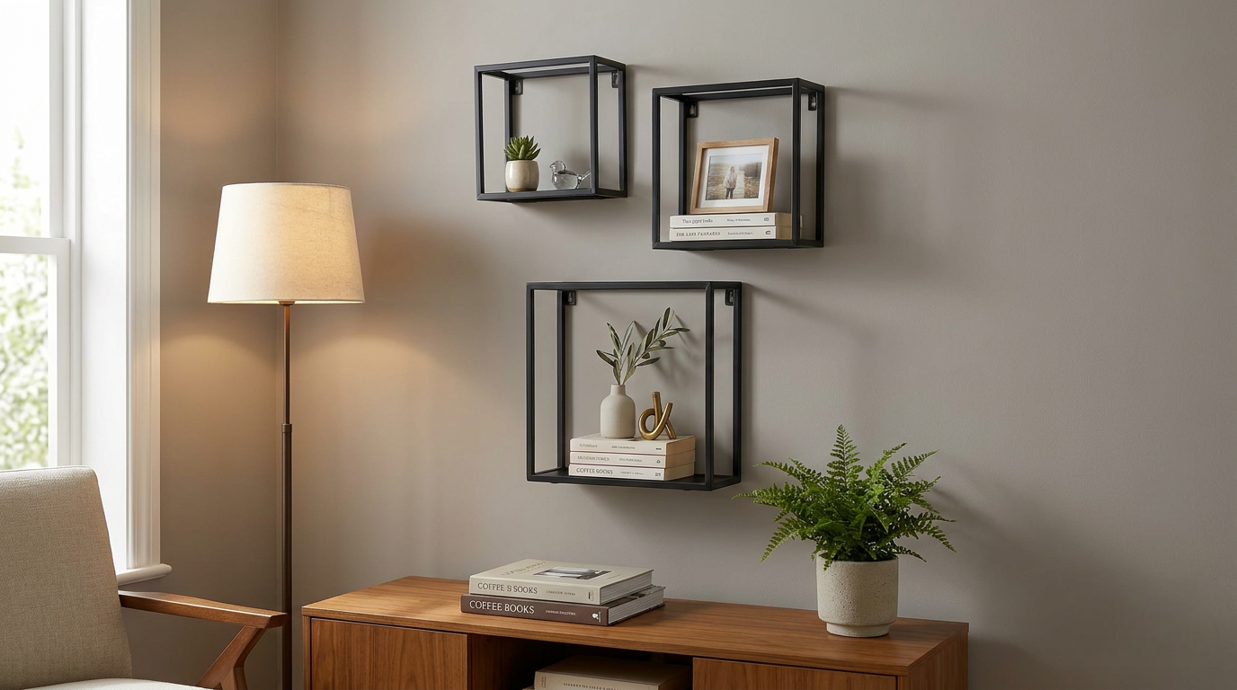 Set of 3 Floating Wall Shelves Black Metal
