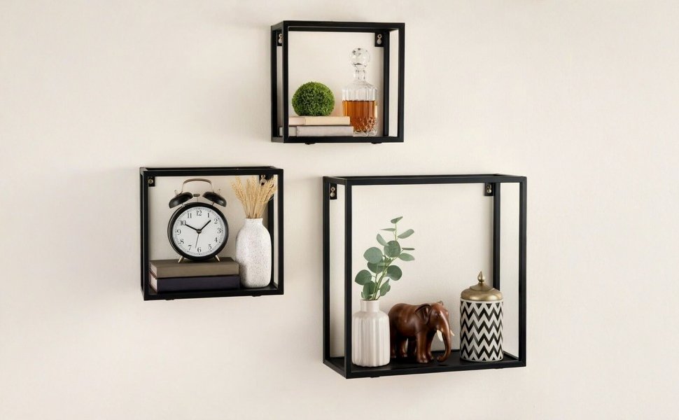Set of 3 Floating Wall Shelves Black Metal