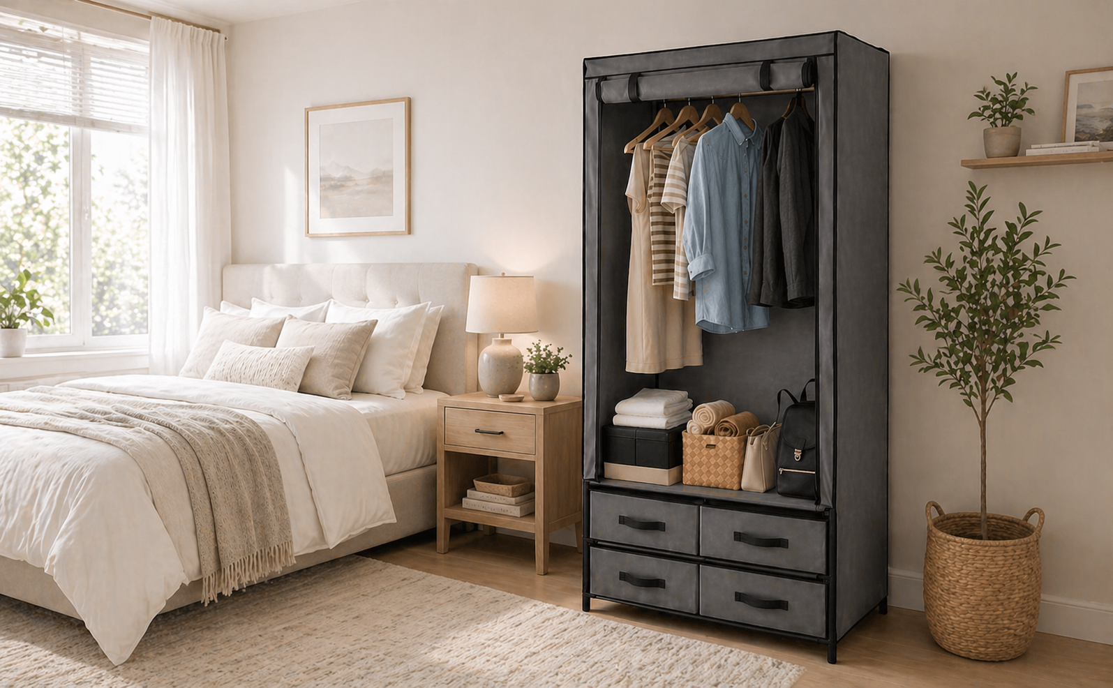 High Quality Deluxe Double Canvas Wardrobe With Roll Up Door Drawer Grey