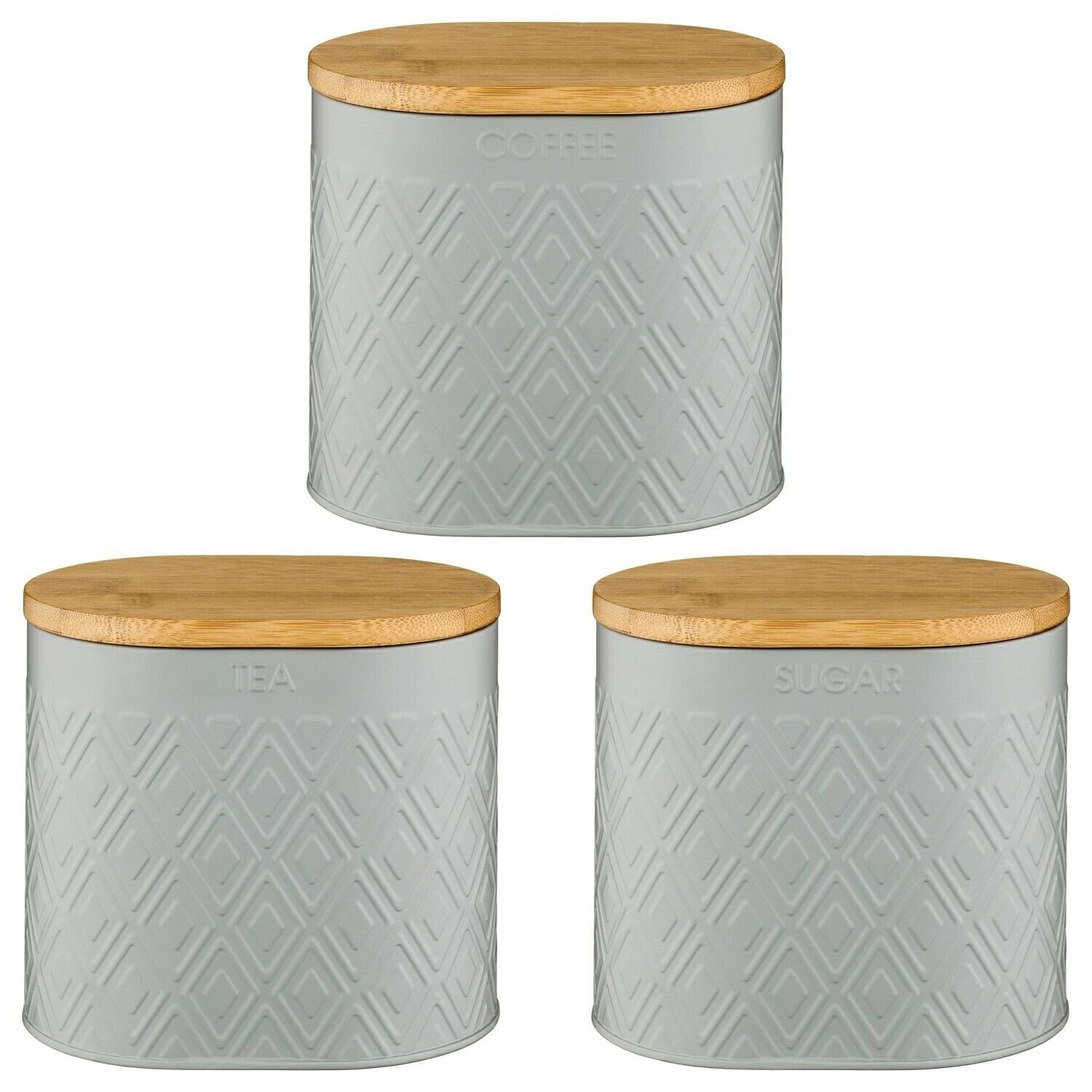 Set Of 3 Grey Geo Engraved Tea Coffee Sugar Canister Kitchen Storage