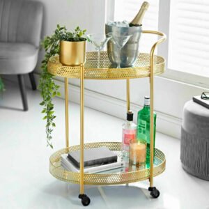NEW Gold Drinks Trolley With Glass Shelves Mini Bar Cart Drink Table