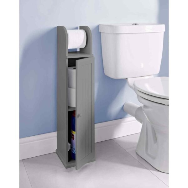 Grey Wood Standing Toilet Paper Roll Holder Bathroom Storage Cabinet