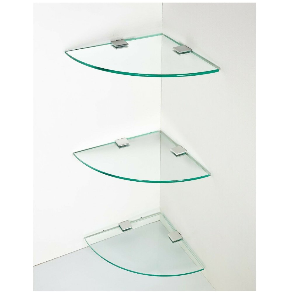 3x Floating Glass Corner Wall Shelf