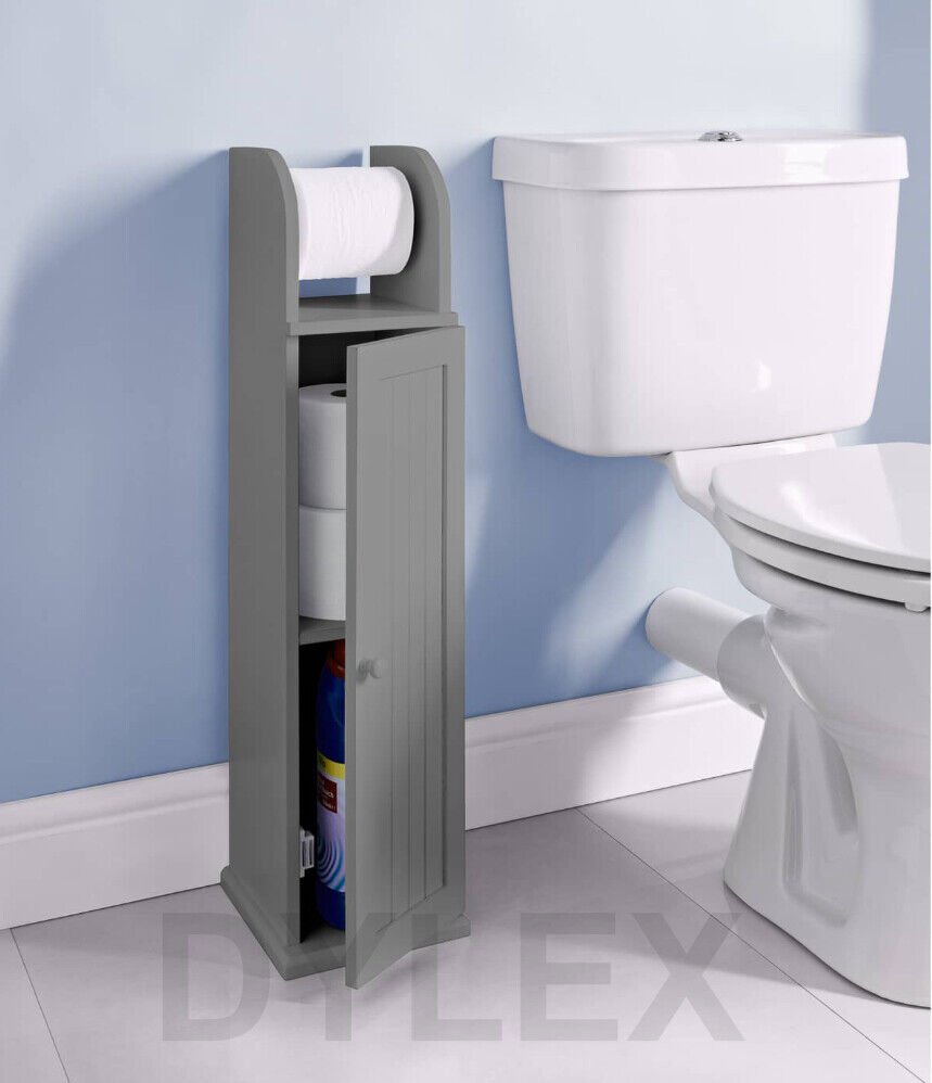 Grey Wood Free Standing Toilet Paper Roll Holder Bathroom Storage