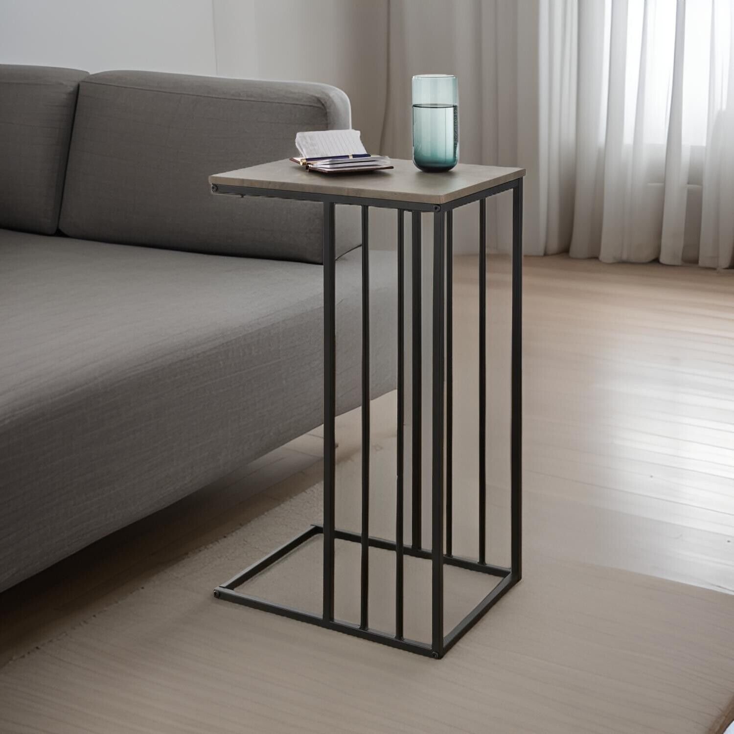 C Shape Sofa Side Table Grey Concrete Top with Metal Frame Perfect for Living Rooms