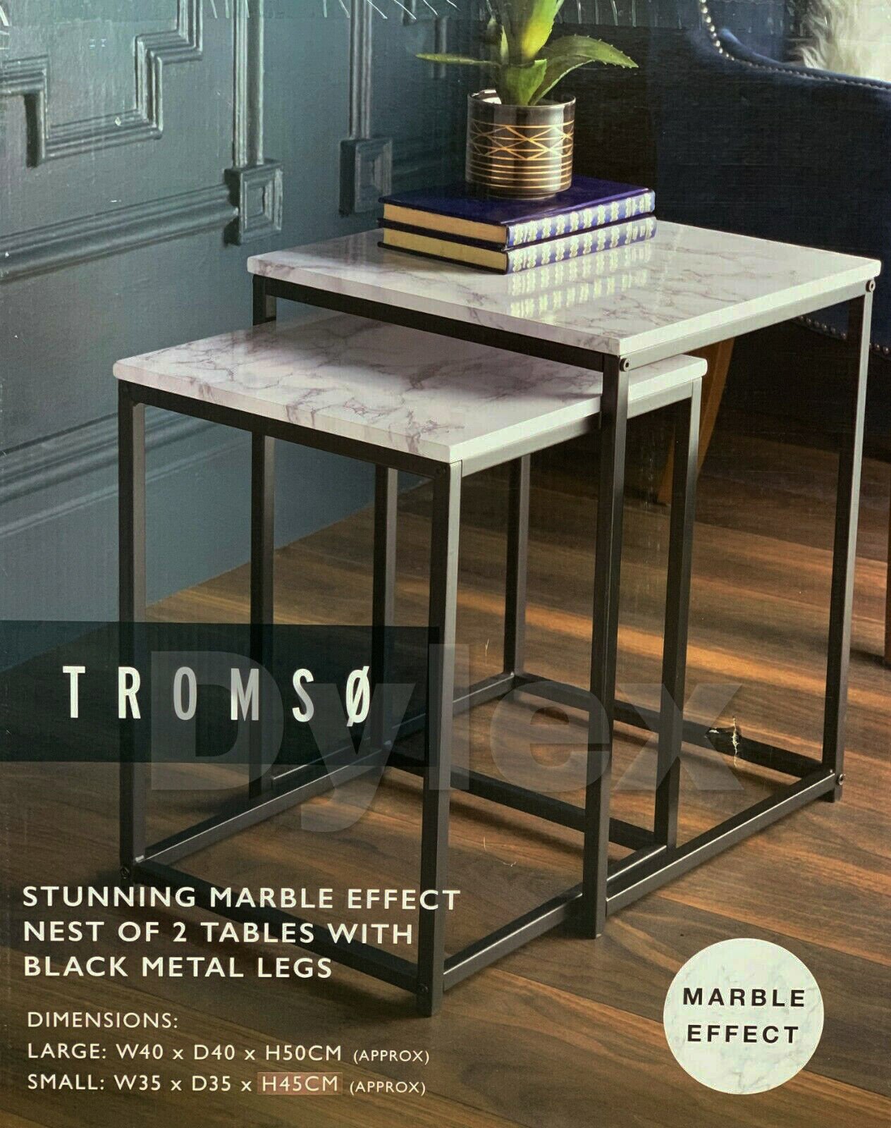 NEW LOFT RANGE MODERN SET OF 2 MARBLE EFFECT NEST OF TABLE WITH METAL