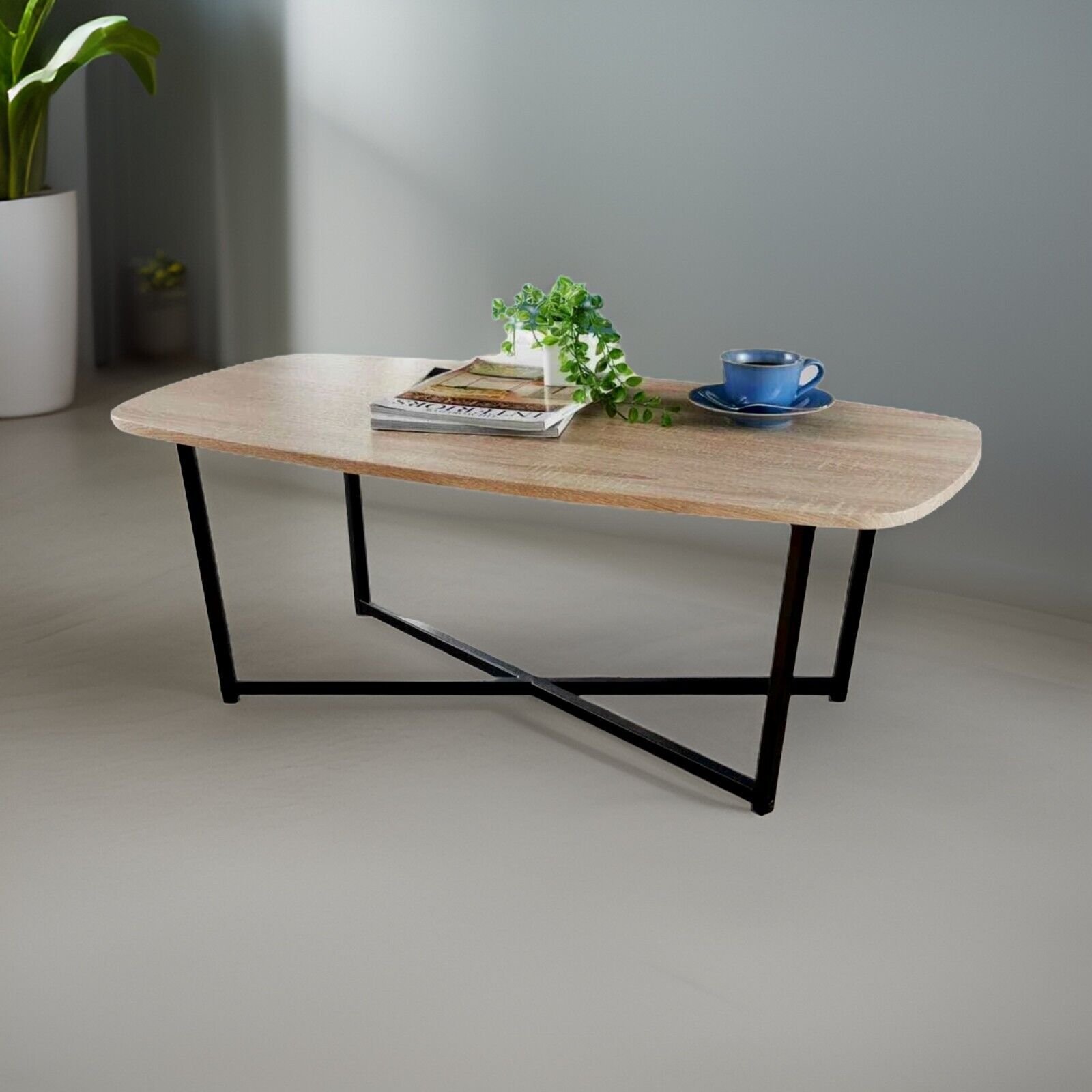 Stylish Michigan Coffee Table with Black Metal Base and Light Oak Finish - Image 3