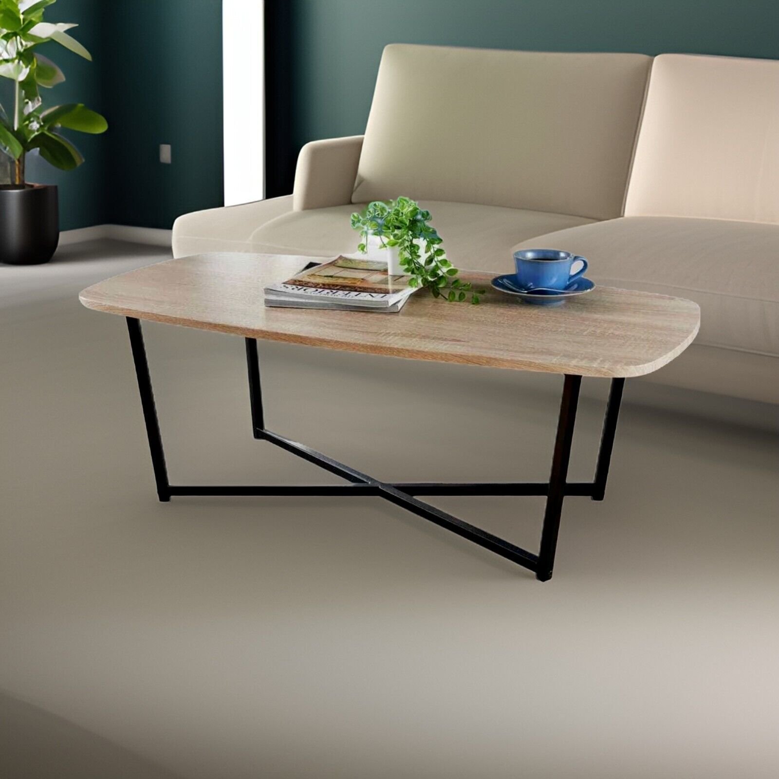 Stylish Michigan Coffee Table with Black Metal Base and Light Oak Finish - Image 4