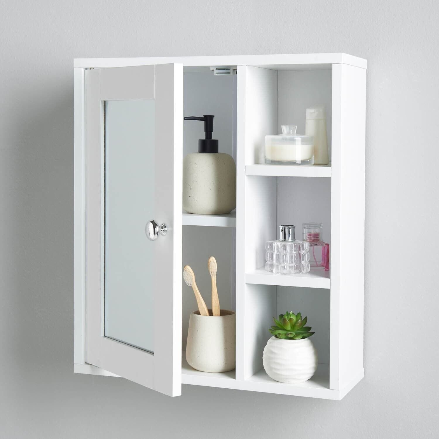 White Bathroom Cabinet Mirrored Door Cupboard 3 Tier Display Shelves ...