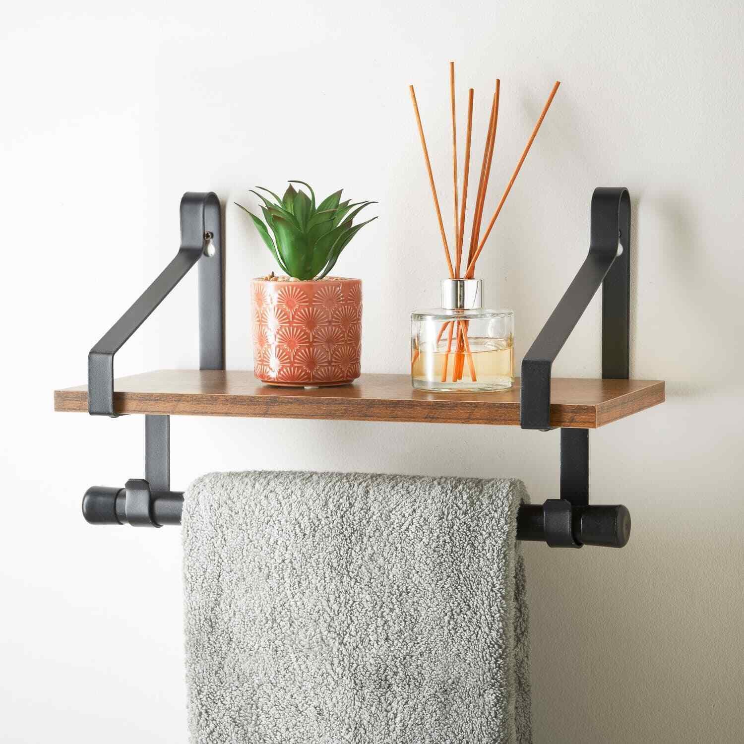 Wall Shelf with Rail Wooden Shelf Black Metal Frame Wall Shelves