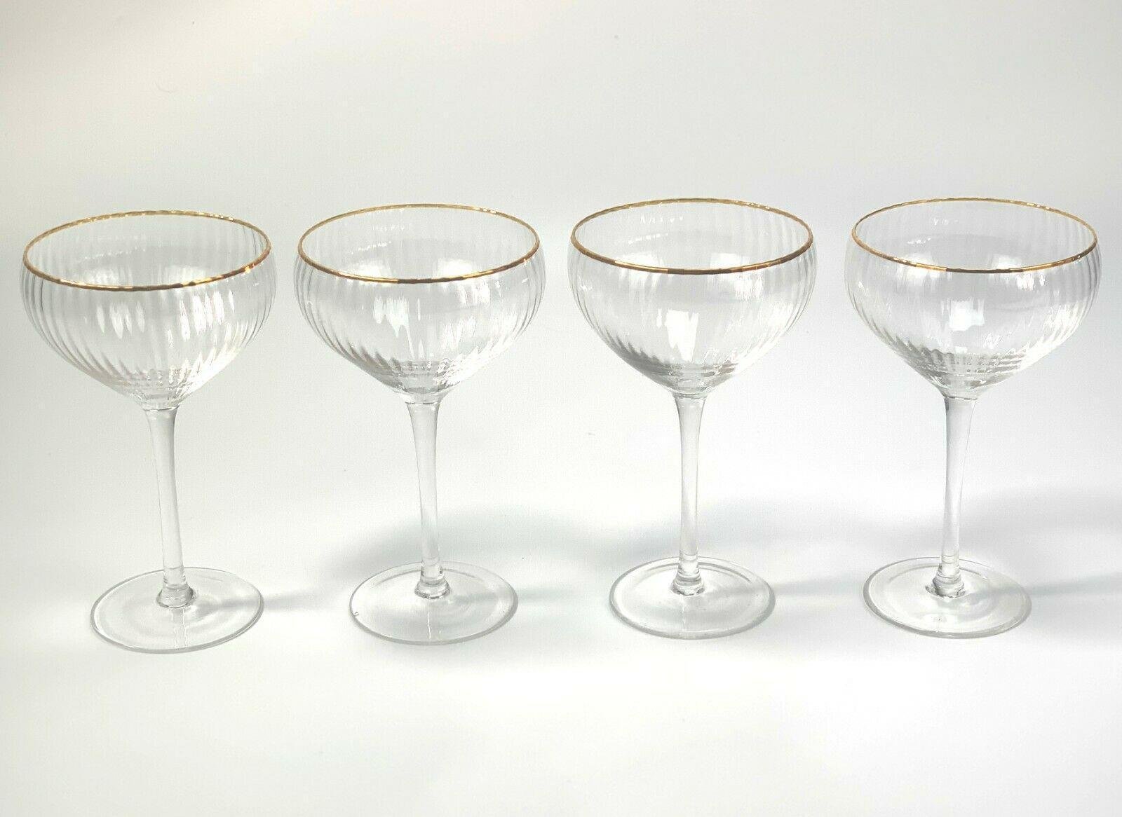 4 x Gold Rim Ribbed Cocktail Glasses Martini Glasses Prosecco Glass